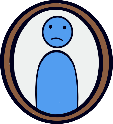 a thin blue person with a sad face in a mirror.